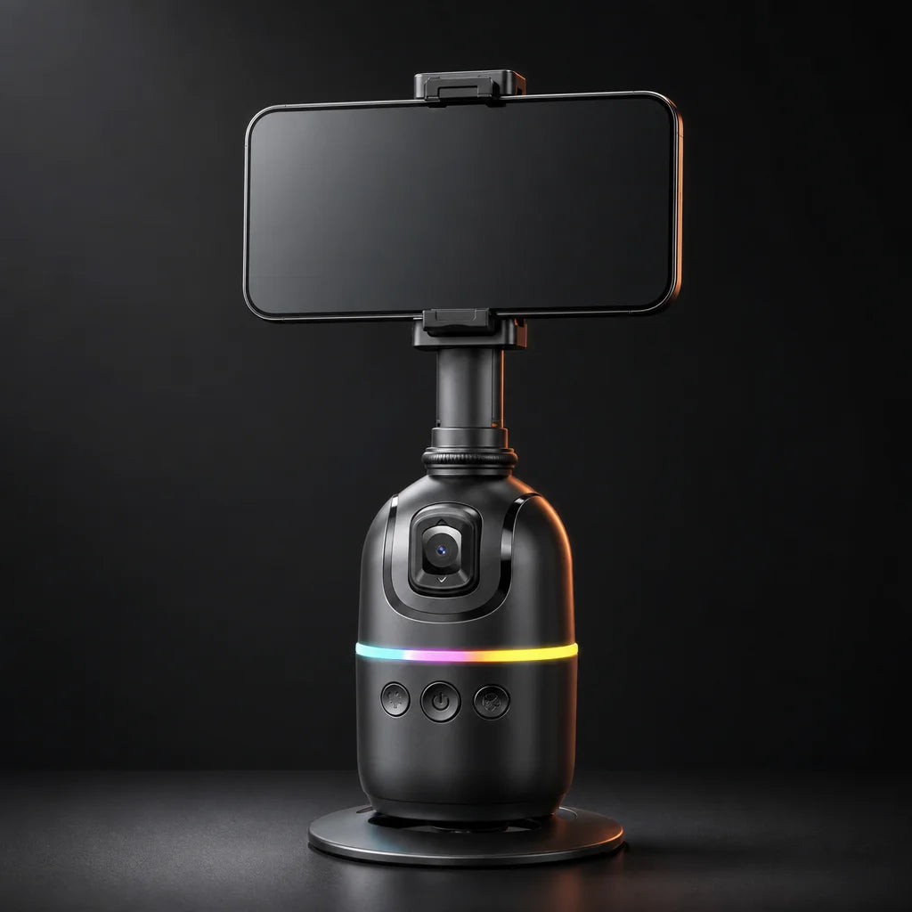 Keeptron P03, support motorisé pour smartphone, mis en lumière sur fond sombre