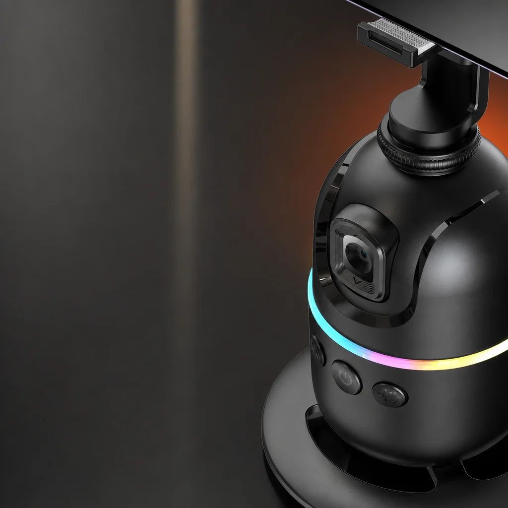 Gros plan du Keeptron P03 : caméra de suivi intégrée et commandes du support