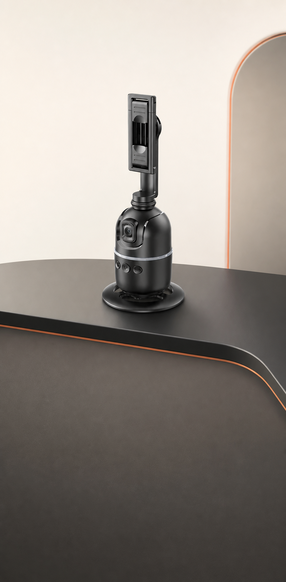 Keeptron P03 sur un bureau, finition graphite et accent orange